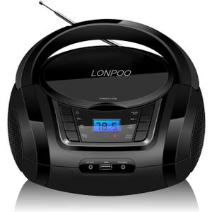 LONPOO CD Player Portable Boombox with FM Radio/USB/Bluetooth/AUX Input and Earphone Jack Output, Stereo Sound Speaker & Audio Player,Black