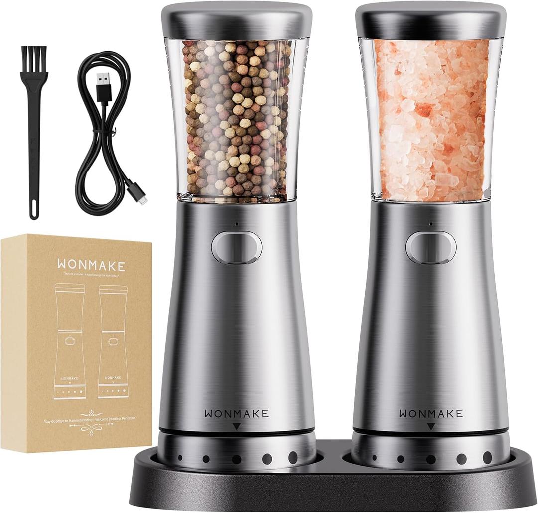 Electric Salt and Pepper Grinder Set with 4.5oz Large Capacity, Stainless Steel Rechargeable Salt and Pepper Grinder with 1.8" Wide Mouth, Storage Base,Adjustable Coarseness, and One-Hand Operation, Silver