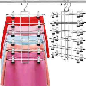 Pants Hangers with Clips,Space Saving Hanging Closet Organizer-6 Tiers Skirt Hangers with 360 Swivel Hook,Closet Organizer-Clothes Hangers- College Dorm Essentials Apartment Essentials-2 Pack