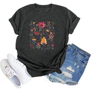 Floral Graphic Shirt Women Boho Wildflowers Tee Vintage Flower Tshirt Round Neck Loose Casual Short Sleeve Tops (S)