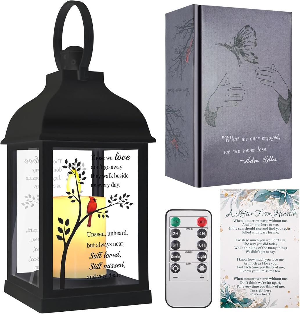 Memorial Lantern with Card - Sympathy Gift for Loss of Mom/Dad/Loved One, Bereavement Keepsake with Flickering Flame, Memory Lamp for Funeral Remembrance or Celebration (Black)