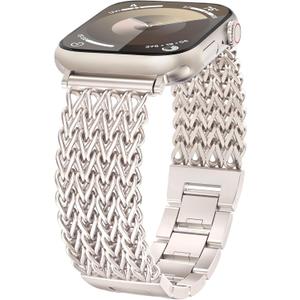 Minyee Compatible with Apple Watch Band 38/40/41/42mm Women, Dressy Stainless Steel Metal Adjustable Chain Strap Link Bracelet Wristband for iWatch Series 11 10 (Starlight)