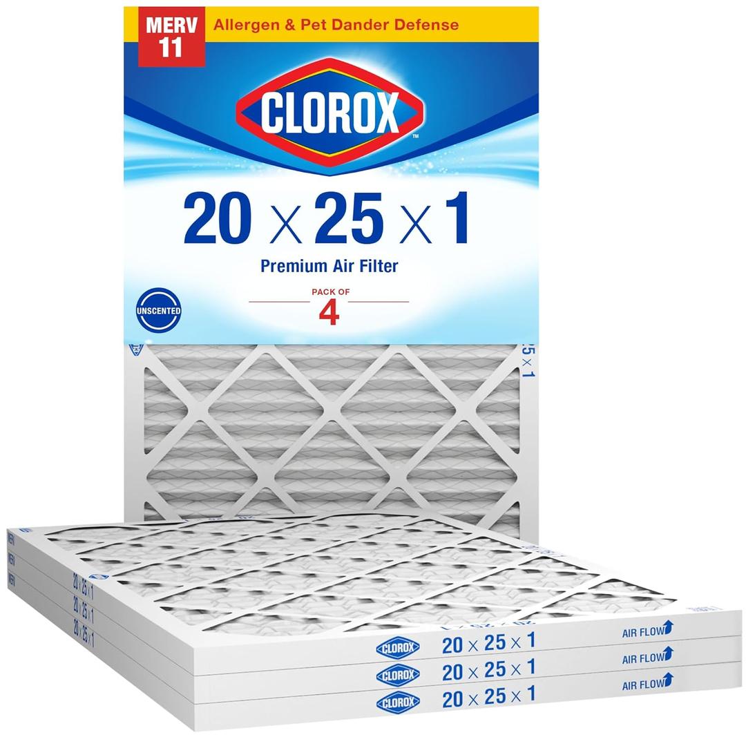 Clorox 20x25x1 Air Filter, MERV 11 Pleated HVAC AC Furnace Air Filters, MPR 1000 & FPR 7  Pack of 4