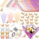 Qilery 334 Pcs Flower Wrapping Paper Set,153 Waterproof Floral Bouquet Wrapping Paper,72 3D Gold Butterfly Decoration,100 Pins, 6 Crowns and 3 Ribbons for DIY Craft(Adorable Color)