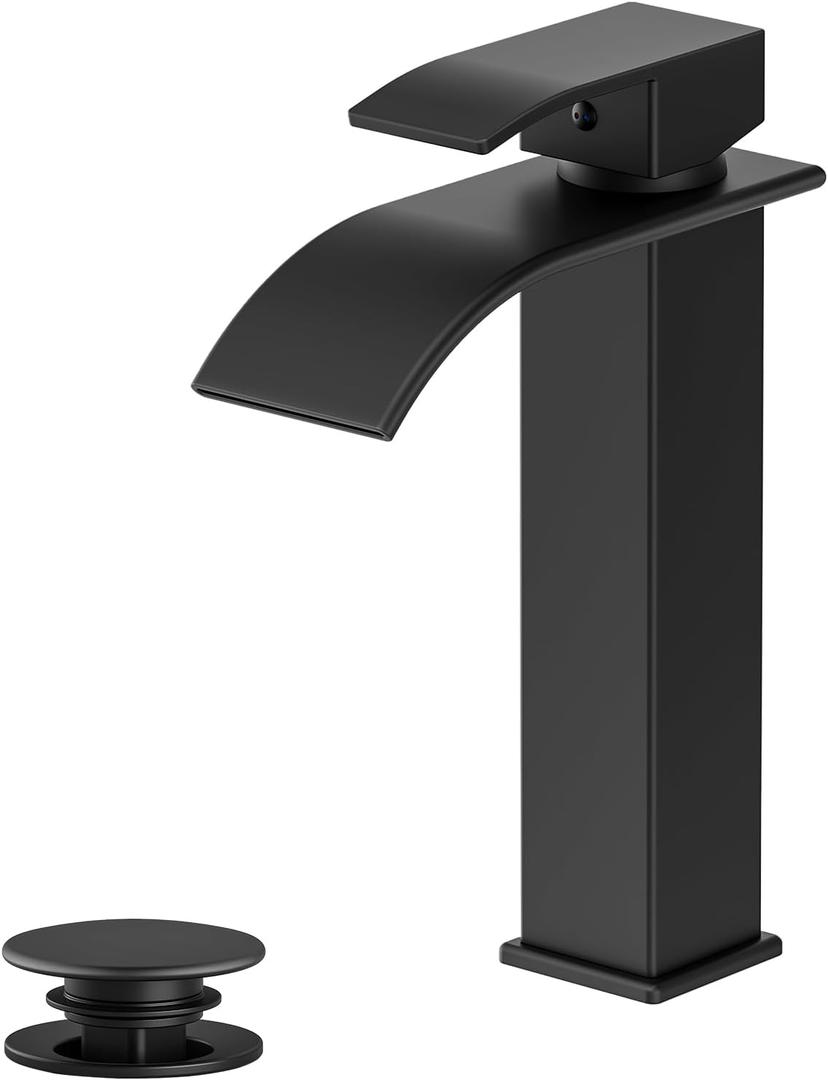 Rywuanku Matte Black Bathroom Faucet Waterfall Spout, Single Handle Sink Faucet with Pop-up Drain & Deck Plate, Modern 1 Hole Vanity Faucet for Vessel Sink