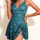 Aleumdr Ribbed One Piece Swimdress Swimsuits for Women Tummy Control Tie Knot Swim Skirt V Neck Bathing Suit (Blue, M)