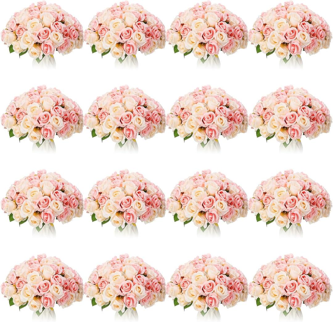 Jexine 240 Pcs Artificial Rose Flowers Bouquet Silk Realistic Flowers Bulk Centerpieces DIY Bride Fake Rose for Home Bridal Wedding Party Decorations(Pink and White)