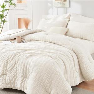 HYMOKEGE Ivory Full Size Comforter Sets Seersucker 7 Pieces, All Season Luxury Bed in a Bag for Bedroom, Bedding Set with Comforters, Sheets, Pillowcases & Shams