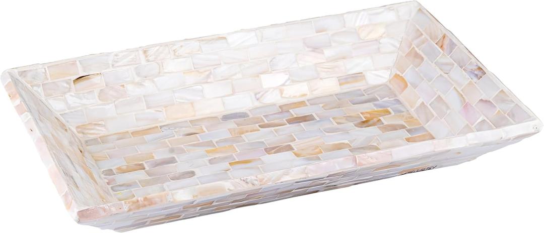 PEMAR 12"x7" Mother of Pearl Decorative Tray with Raised Edge for Coffee Table Perfume Living Room Kitchen Bathroom, Elegant Multipurpose Centerpiece Vanity, Fruit Display Bowl White Iridescent