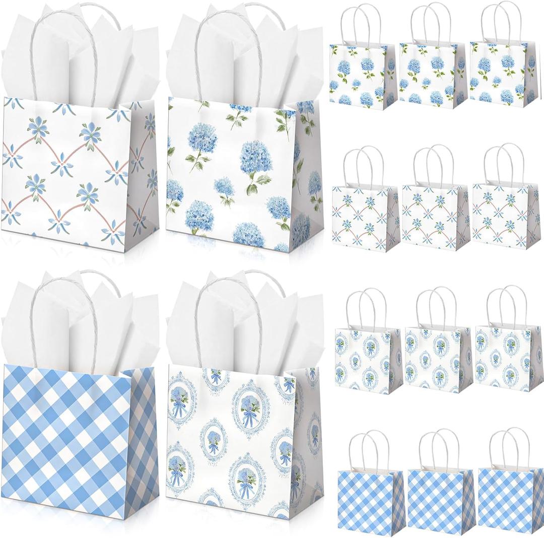 Silkfly 24 Pack Mini Blue Floral Gift Bags with Handles Tissue Paper Small Spring Flower Candy Goodie Bags for Mothers Day Baby Shower Tea Party Bridesmaid Birthday Wedding Supplies, 5x5x3 Inch