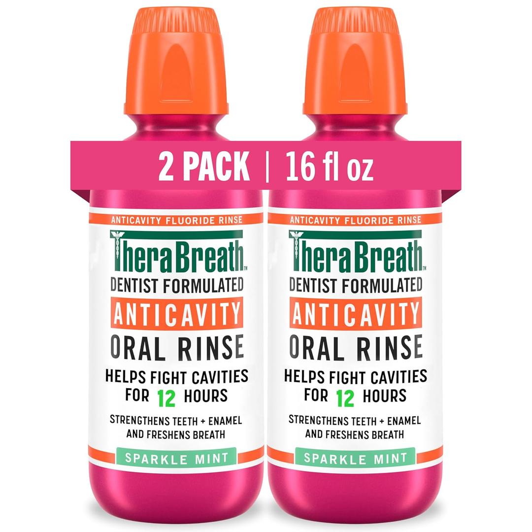 TheraBreath Anticavity Fluoride Oral Rinse Mouthwash, Fights Cavities, Strengthens Enamel and Freshens Breath, DentistFormulated, AlcoholFree, Sparkle Mint Flavor, 16 fl oz, Pack of 2