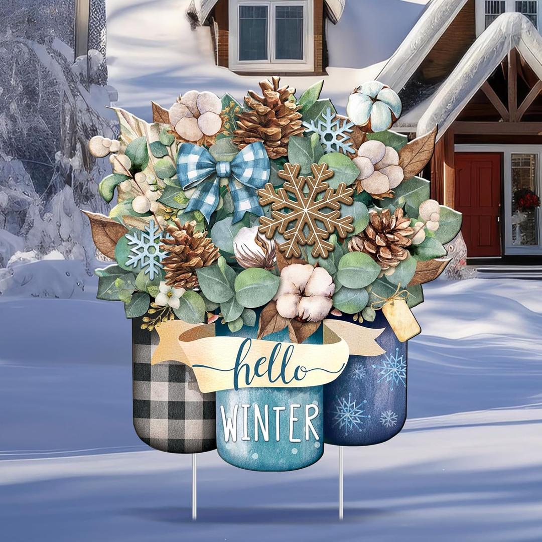 Metal Winter Christmas Decoration Hello Winter Yard Sign Stake 14.2 Inch Snowflake Mason Jar Outdoor Yard Decor for Christmas Party Outside Lawn Decorations Garden Patio Walkway