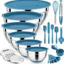 E-far 25PCS Mixing Bowls with Lid Set, Stainless Steel Nesting Prep Bowls with Grater Attachments Non-Slip Bottoms for Cooking, Baking, Serving, Food Storage, 4.6/2.6/2/1.5/1/0.7QT - Blue