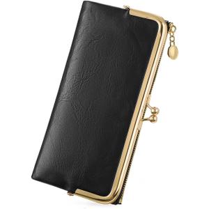 GOIACII Womens Wallet Ladies Vintage Billfold Compact Card Holder Long Zip Clutch Purse with Kiss Lock Black