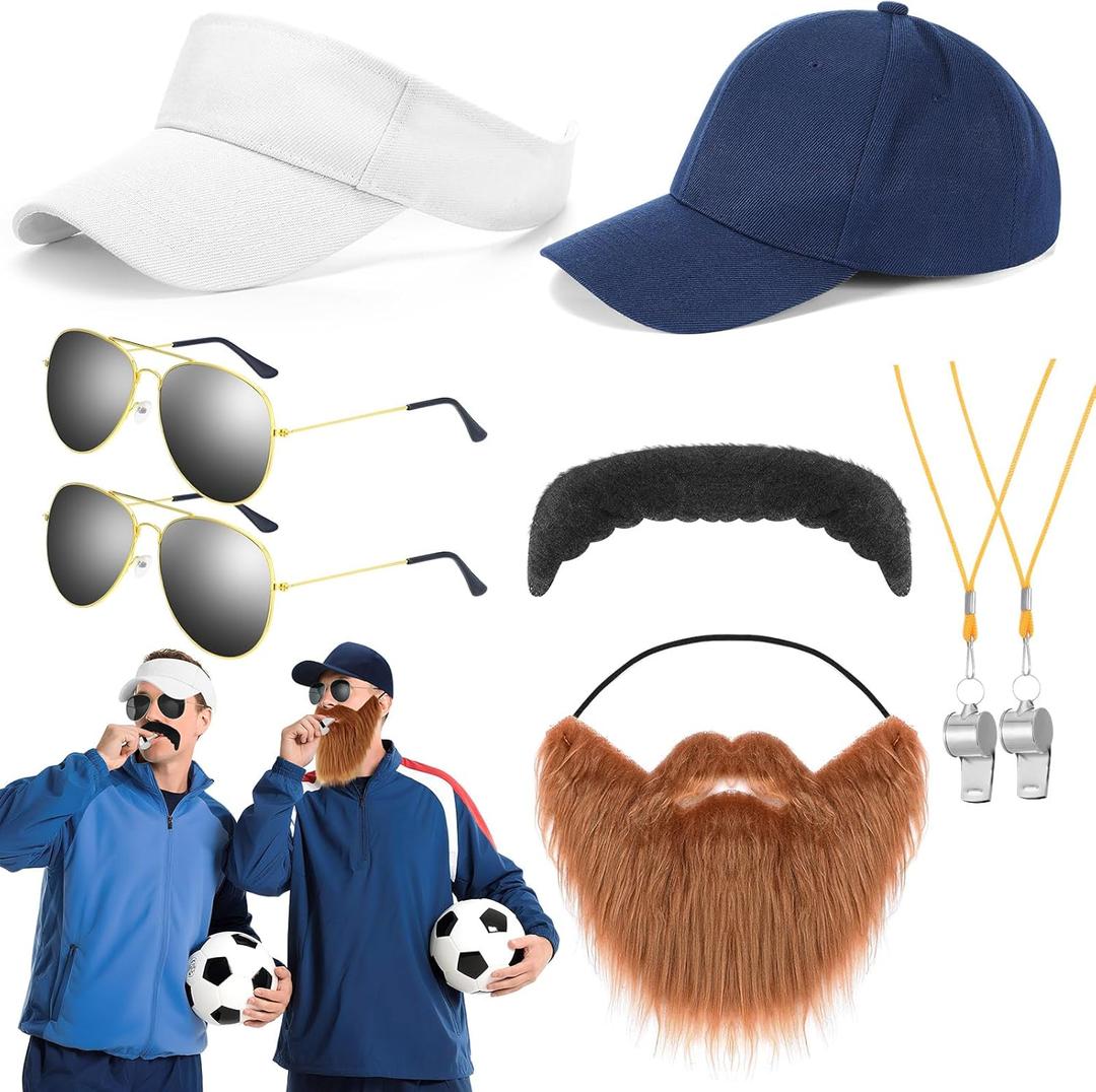 Mepase 8 Pcs Halloween Soccer Coach Costume Set Include Adjustable Baseball Cap and Visor Hat Referee Whistles Gold Frame Sunglasses Mustache for Couples Friends Halloween Comedy Sports Cosplay