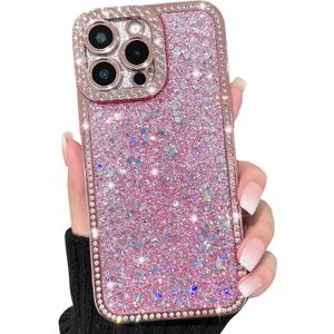 NITITOP Compatible with iPhone 14 Pro Max Case Glitter Sparkly Sequin Design for Girls Women Luxury Bling Crystal Diamond Frame Full Camera Protection Shockproof Protective Phone Cover - Pink