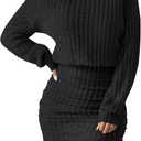 Women's Pullover Sweater Dress Long Lantern Sleeve Ribbed Knit Mock Neck Ruched Bodycon Casual Mini Dress 2025 (Black) Small