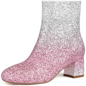 MISSMILLER Women's Glitter Ankle Boots Sequin Sparkly Booties Block Heel Side Zip Zipper Wedding Party Dress Shoes, Size 7