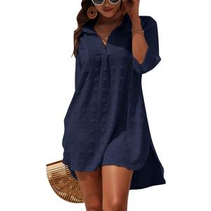 Blooming Jelly Womens Swimsuit Coverups White Chiffon Bikini Swimwear Beach Cover Up Dress Shirt (Large, Midnight Blue)