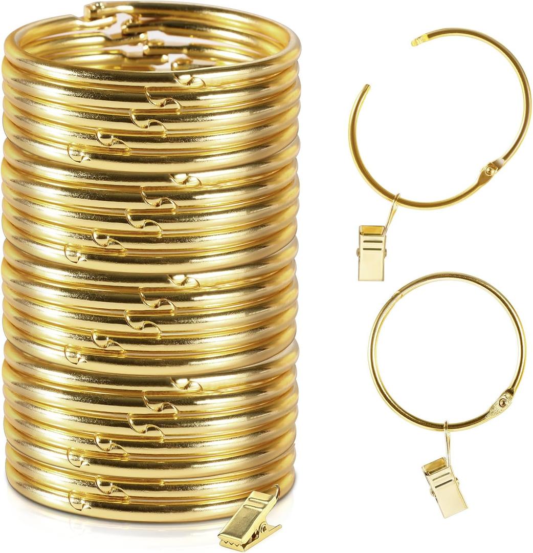 24 Pack 2 Inches Curtain Rings with Clips, Openable Drapery Metal Clip,Shower Curtain Clips with Rings, Iron Drapes Hangers Decorative for Windows Rods Rustproof (Gold)