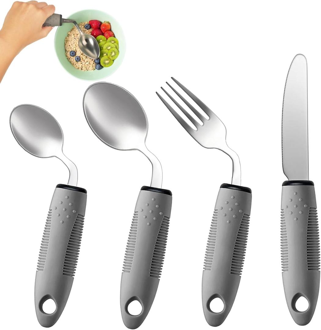 4-Piece Adaptive Utensils Set - 42 Angled Parkinsons Utensils, 2.5 oz Weighted Utensils for Hand Tremors and Parkinsons Patients, Weighted Silverware for Hand Tremors (Grey: Right-Handed)