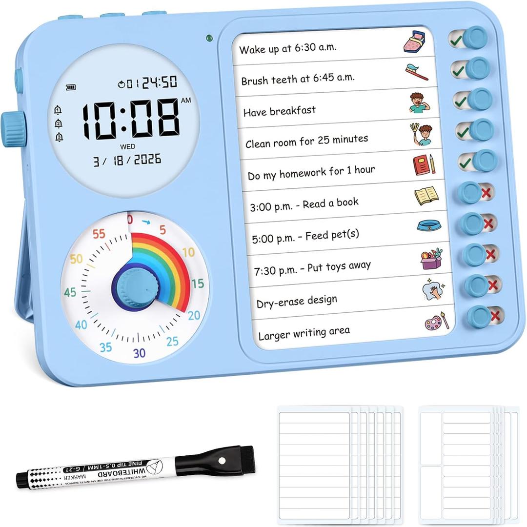 3-in-1 Visual Timer & ADHD Tool for Kids ADHD Task Timer for Adults with Visual Schedule, Chore Chart & Planning Board for Home, School, Classroom, Work (Blue)