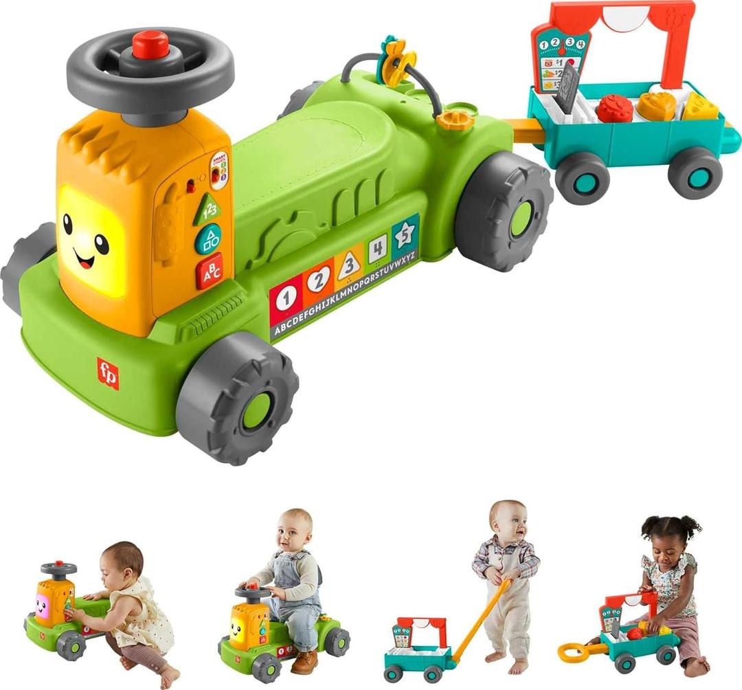 Fisher-Price Baby to Toddler Toy Laugh & Learn 4-in-1 Farm to Market Tractor Ride On with Pull Wagon & Smart Stages for Infants Ages 9+ Months