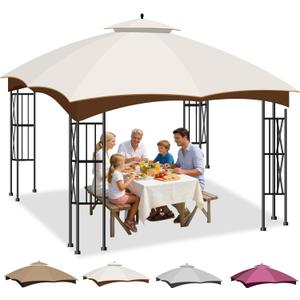 10x12 Double Tiered Gazebo Replacement Canopy for Lowe's Allen Roth, Upgraded 300D Polyester Heavy Duty Canopy Cover Top with Air Vent, Waterproof Gazebo Cover Roof for Outdoor Patio Garden(Beige)