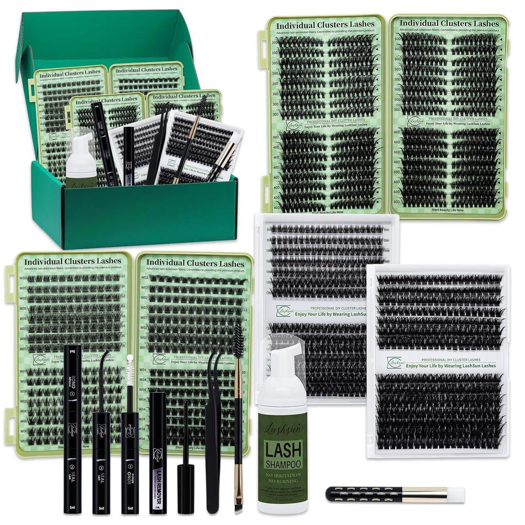 Lash Clusters Kit Eyelash Clusters Kit 1584pcs Cat Eye Lashes Extensions Pestaas Postizas Naturales+Lash Bond&Seal,Remover,Tweezers,Mascara Brush,Lash Shampoo(4 Boxes Kit-4)