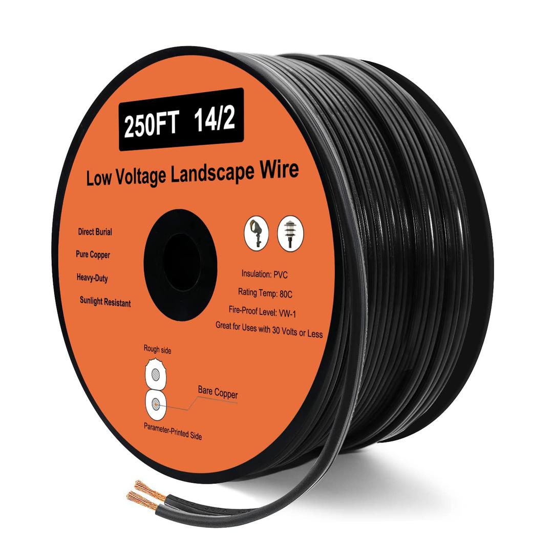 14/2 Low Voltage Landscape Wire, 14 Gauge Wire 2 Conductor 250 Feet, Outdoor Direct Burial Electrical Wire, Copper Wire (250FT, Black)