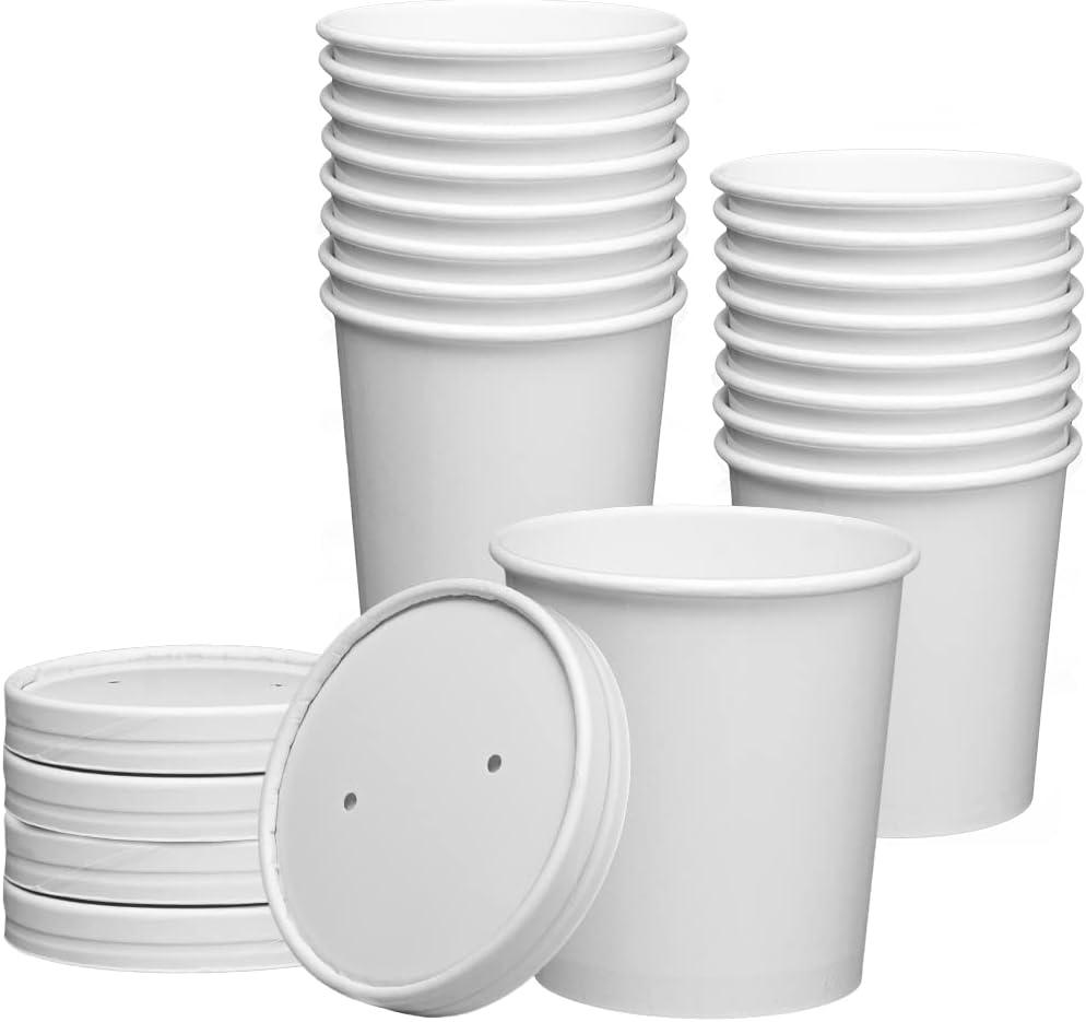GUSTO [16 oz. - 25 Count White Paper Food Containers with Vented Lids - To Go Hot Soup Bowls, Disposable Ice Cream Cups, Ideal for Hot and Cold Foods (Formerly Comfy Package)