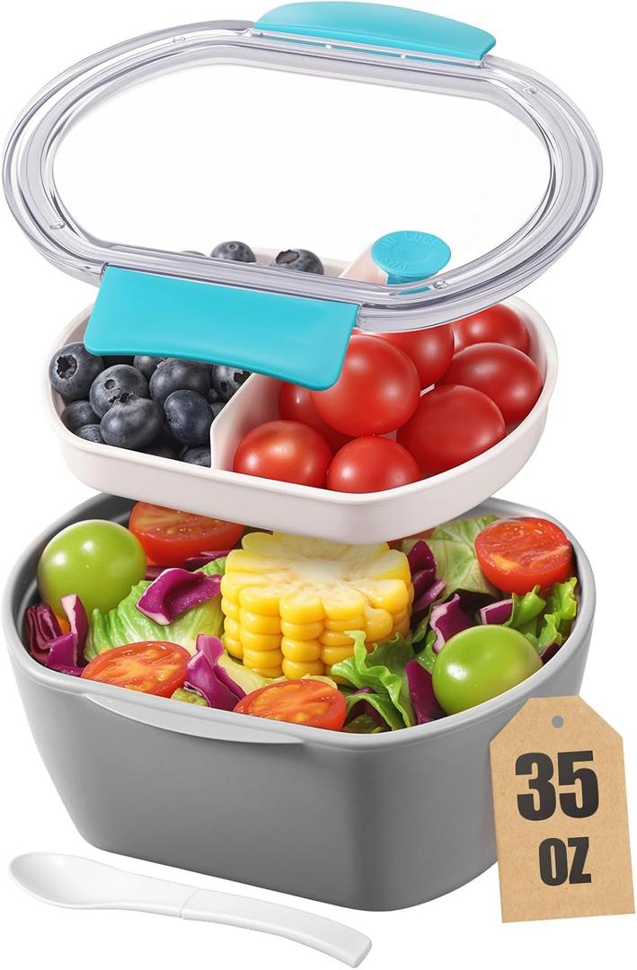 Small Salad Container for Lunch-35oz Divided Bento Box Lunch Box for Fresh Meals,Portable Salad Bowls To Go with 2-Compartment Tray Meal PrepLeak Proof Tritan Lid, Dishwasher & Microwave SafeGrey (Gray)