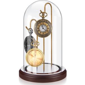 4 x 7 Inch Pocket Watch Glass Display Dome Cloche with 3 Hooks Clear Pocket Watch Display Case Stand Glass Cloche Showcase with Wood Base for Ornaments Medals Collectibles(Walnut and Gold)