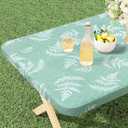 misaya Rectangle Vinyl Tablecloth, Fitted Table Cover, 100% Waterproof, Elastic Edge, Plastic Tablecloth Fit Folding Tables for Picnic, Camping, Outdoor (Light Green Leaves, 36x72 inch)