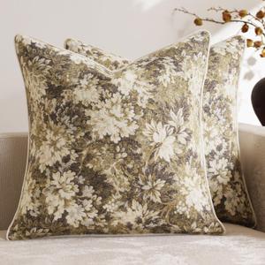 Pack of 2 Vintage Floral Throw Pillow Covers 18x18 Boho Farmhouse Accents Chenille Square Decorative Pillow Cases for Living Room Couch Bed Home Decor, Beige