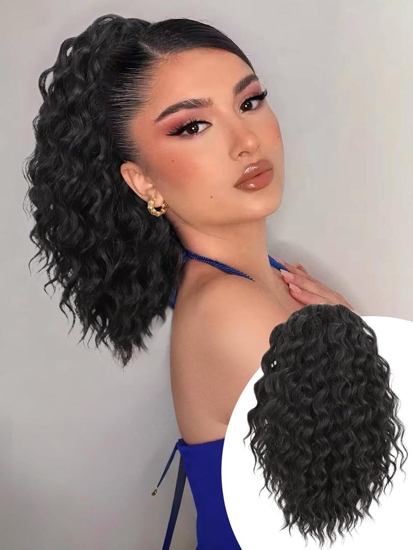  Ponytail Extension 12 Inch Long Wavy Curly Ponytails Drawstring Ponytail for Black Women Natural Black Pony Tails Hair Extensions Synthetic Hairpiece for Daily Use