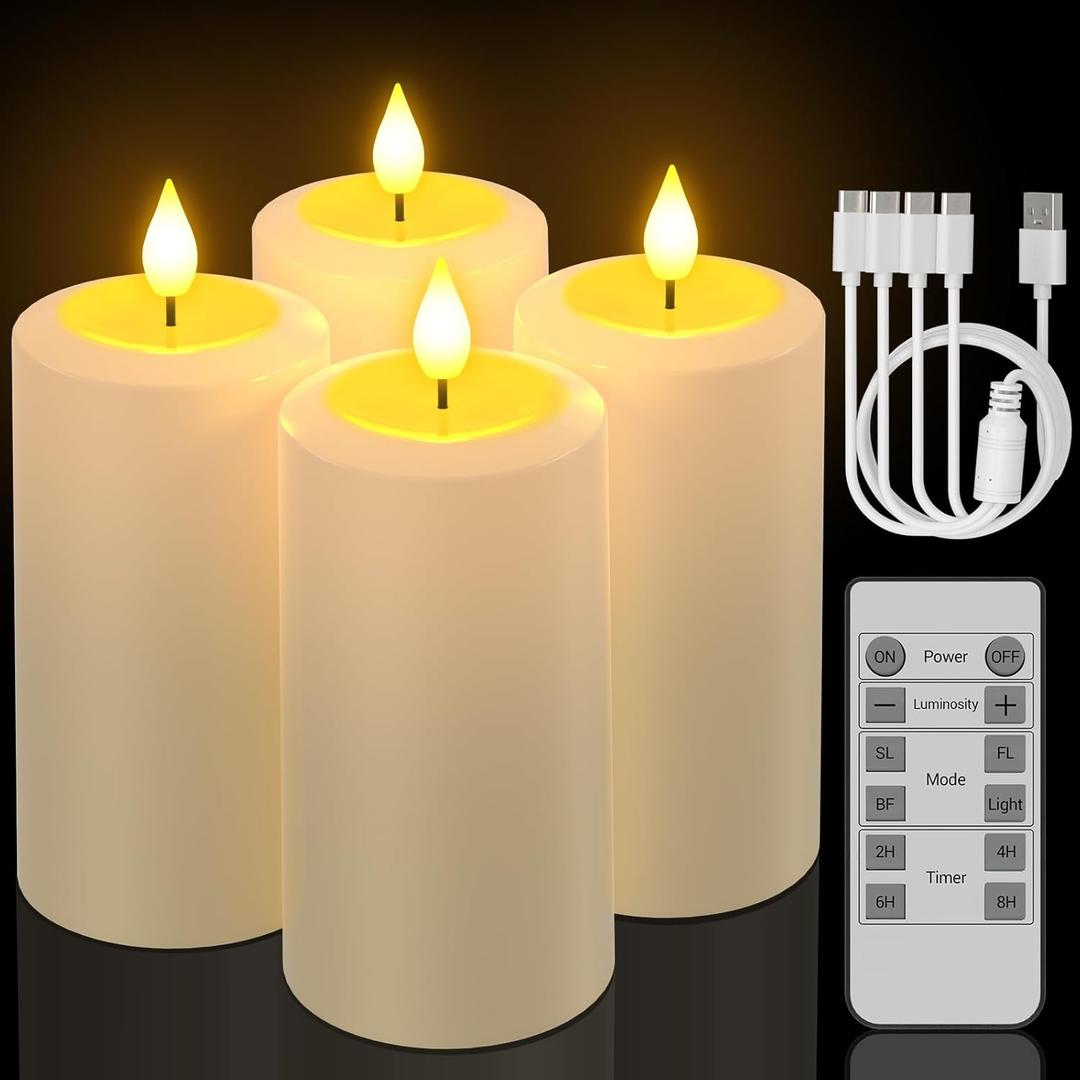 PChero Rechargeable Flameless Candles with Remote Timer, 4 Packs 5.1" x 2.7" Outdoor Waterproof Battery Operated LED Flickering Electric Fake Pillar Candles for Lanterns Porch Patio Decor