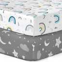 Pack n Play Sheets, BROLEX 2 Pack Mini Crib Sheets,Stretchy Portable Fitted Playard Sheet Set, Convertible Playard Mattress Cover,Ultra Soft Breathable Material,Rainbow Stars