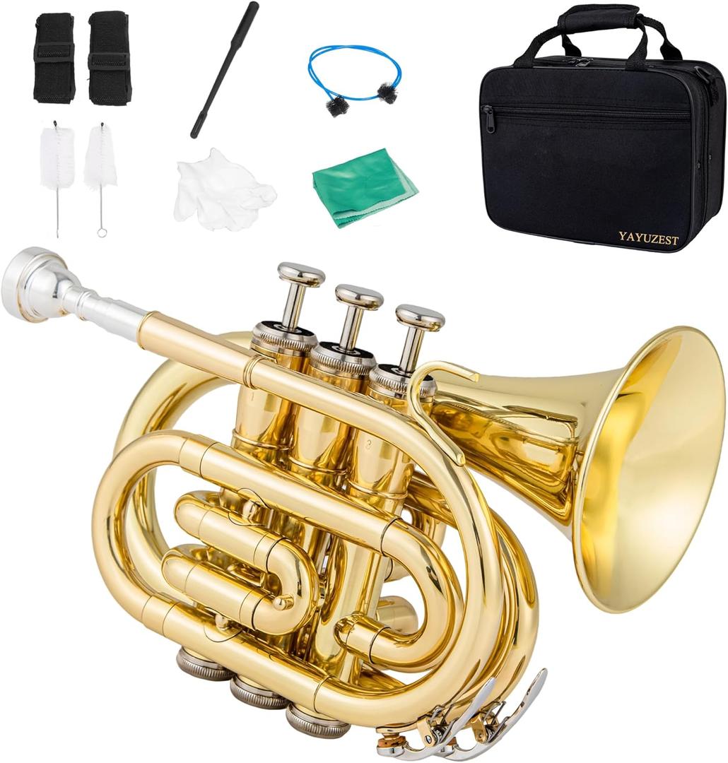 YAYUZEST Pocket Trumpet B Flat Brass Bb Pocket Trumpet with Mouthpiece 7C, Cleaning Cloth, Hard Case, Gloves (Gold)
