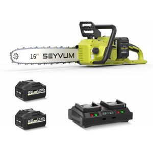 SEYVUM Cordless 40V 16 Inch Chainsaw with 2 x 4.0Ah Batteries, Electric Chain Saw with Tool-free Chain Tension, Auto Oiling, Heavy-Duty for Tree Felling, Firewood Cutting, Pruning