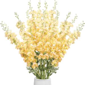 Thiccywoov 12 Pcs Delphinium Artificial Flowers, 33.5'' Long Stem Lifelike Faux Silk Flower Fake Look Real Bouquet for Tall Vase DIY Wedding Party Home Kitchen Arrangement Decor(Gradient Yellow)