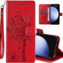 for Samsung Galaxy S25 Case Wallet for Women Man,PU Leather Tree Cat Flowers Embossed Wrist Strap Card Slots Pocket Kickstand Flip Protective Phone Case Cover for Samsung Galaxy S25 Red