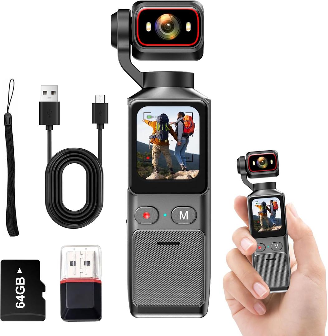 4K Handheld Vlogging Camera, WiFi Pocket Action Camera, Anti-Shake Body Cam for Traval, YouTube Camcorder Video Cam with 64GB SD Card, 180 Rotatable Lens