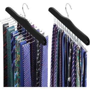 TOPIA HANGER Tie Rack Hanger for Closet, Wooden Tie Organizer for Men with 24 Folding Hooks, Space Saving Necktie Holder for Storage and Display Bra, Tank Top, Camisole (2-Pack), Black- CT14B-2