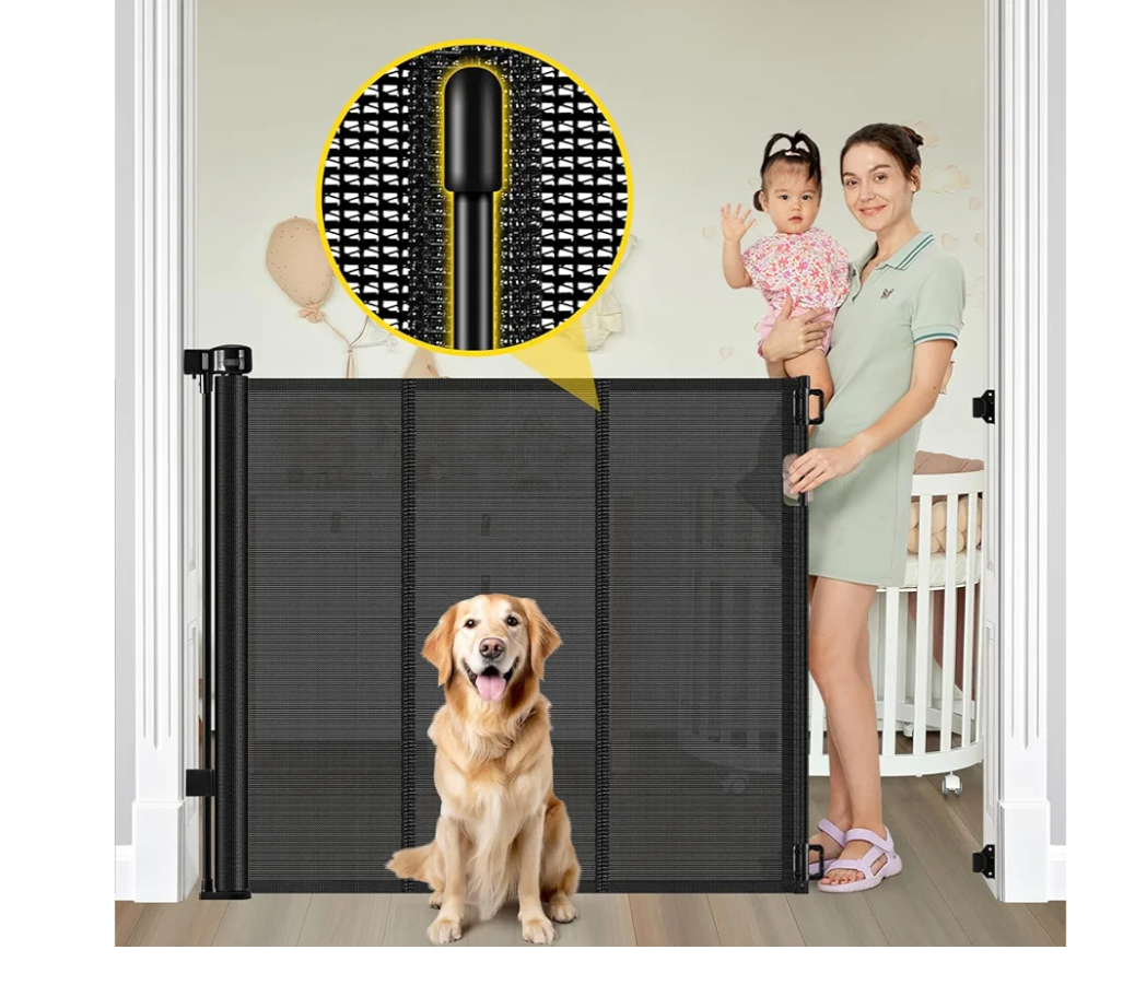 Reinforced 42” Extra Tall Retractable Baby Gates with Rods, Extends up to 60” Wide, Tall Retractable Dog Gate for Doorways Prevent Crawling Through Mesh Pet Gate Indoor Outdoor, Black