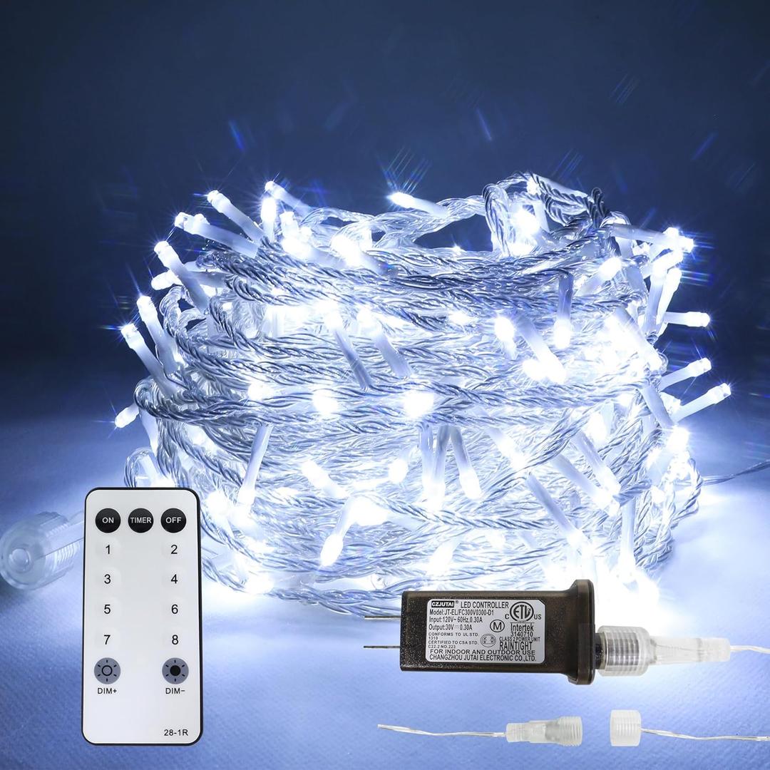 LUCOZA 98FT 300LED Fairy Lights Clear Wire with Remote Control, 8 Modes String Lights with Timer Starry Twinkle Lights for Indoor Bedroom Party Christmas, Cold White