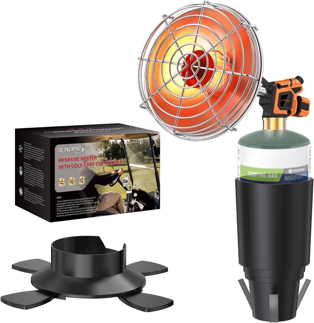 Golf Cart Heater,Outdoor Portable Propane Camping Heater,2-in-1 with Golf Cart Cup Holder & Foldable Propane Cylinder Holder for EZGO Yamaha Club Car,Most Golf Cart,Tent-Cylinder not included Orange