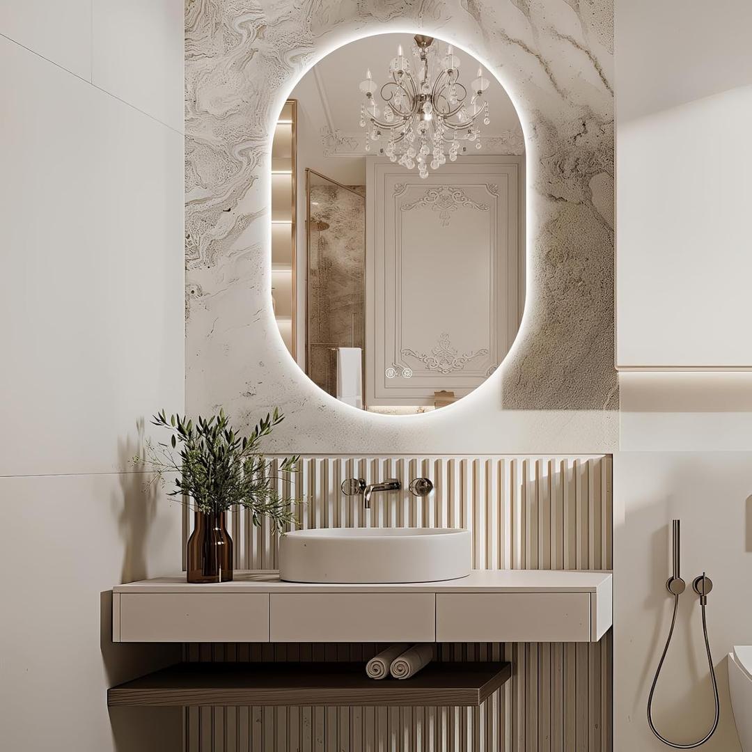 36x24 Oval Led Mirror for Bathroom, Pill-Shaped Lighted Vanity Mirror with Lights, Frameless Backlit Mirror Wall Mounted with 3 Colors, Anti-Fog, Memory, Shatterproof, Horizontal/Vertical (Clear)