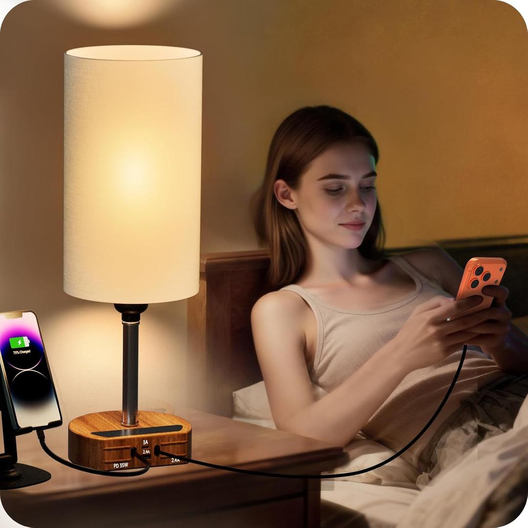 Bedside Lamp with Charging Station 74W2*3.94ft Retractable Cords & 2 USB Ports, 3 Way Dimmable Touch Lamps for Nightstand with LED Bulb, Desk Lamp with Charger for iPhone, iPad, Wood Base (Grey-Wood Grain)