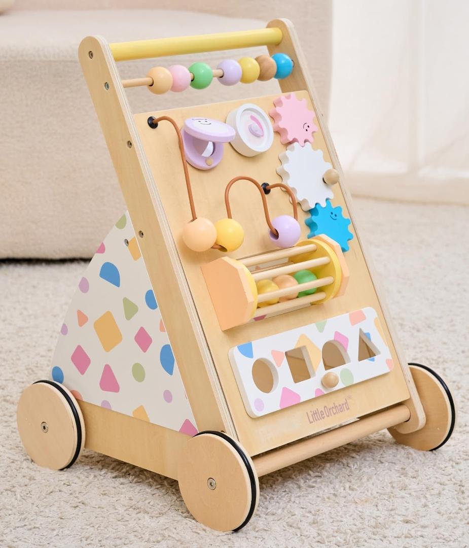 Wooden Baby Walker with Upgraded Adjustable Speed Control, Montessori Activity Push Walker with Wheels, Baby Walker Toy for Toddlers, Gift for Boys & Girls 1 Year Old, 14 inches x 14 inches x 18.9 inches
